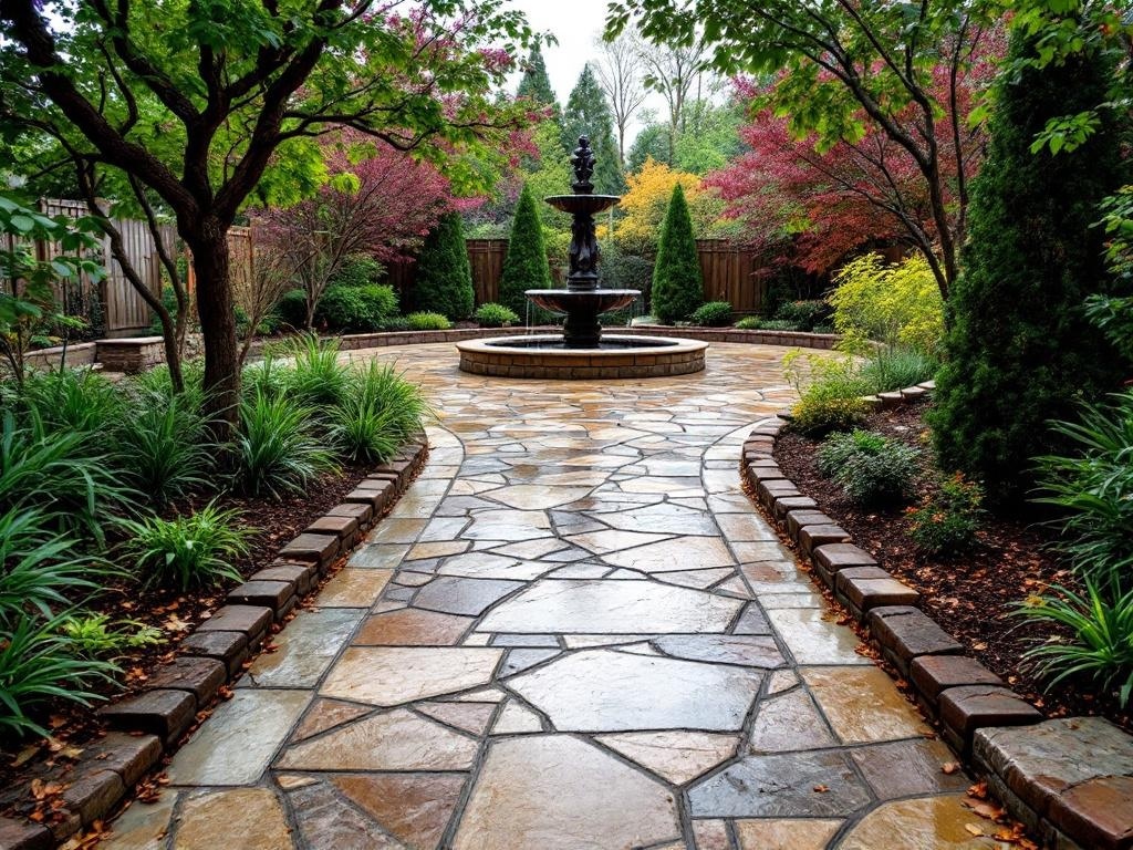 A beautifully designed stamped concrete pathway surrounded by lush greenery and a fountain.