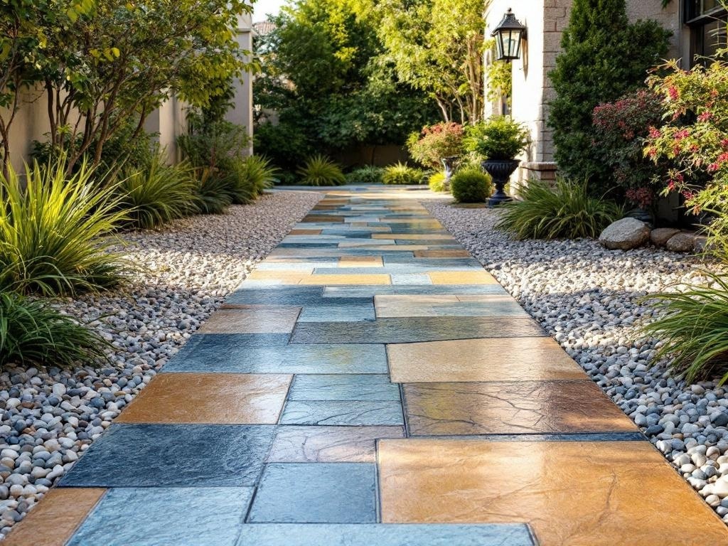 A colorful stamped concrete pathway surrounded by greenery and decorative stones.
