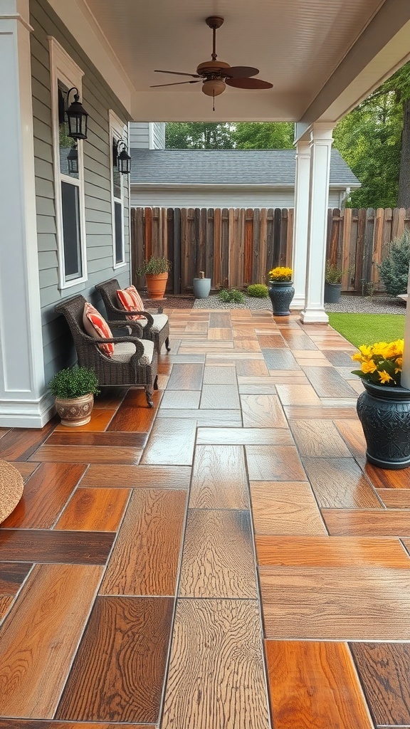 A beautiful porch with epoxy wood-stamped concrete flooring, showcasing different textures and cozy seating.