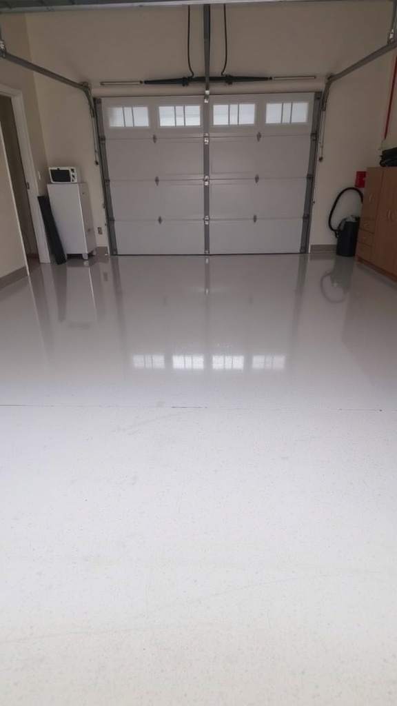 A modern garage with a shiny epoxy floor, showcasing two cars and organized storage.