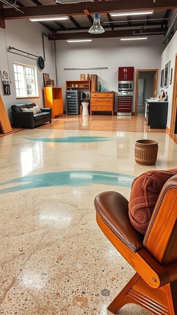 Stylish epoxy floor with blue accents in a modern interior space