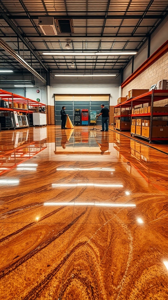 A shiny brown metallic epoxy floor in a commercial setting, with two people cleaning the surface.