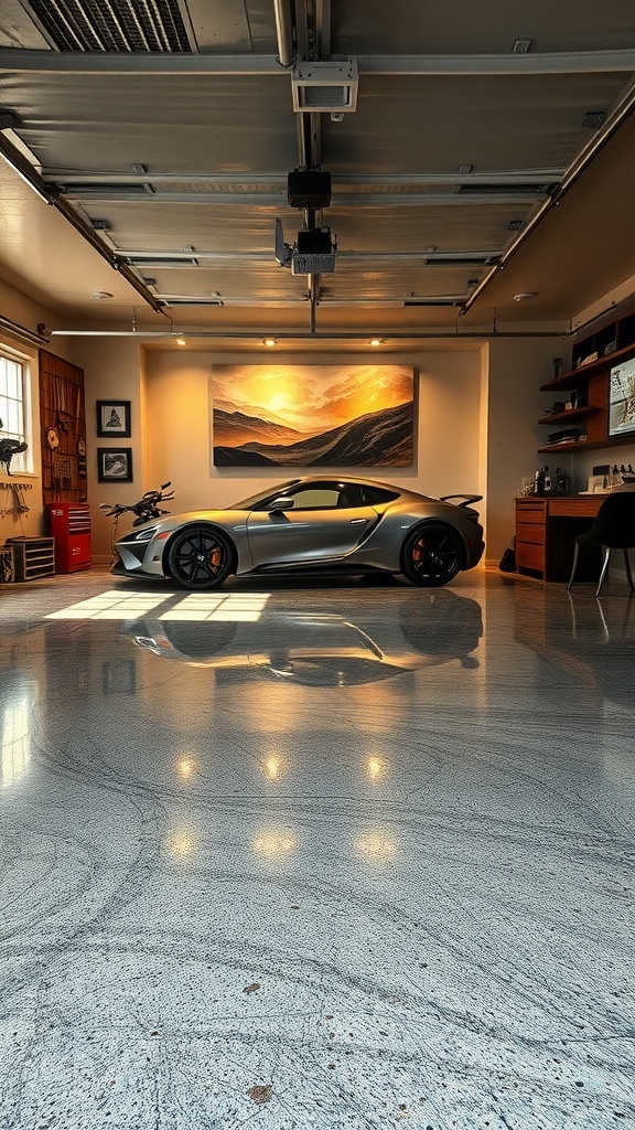A modern garage with a sleek metallic epoxy floor, showcasing a luxury car and artistic wall decor.