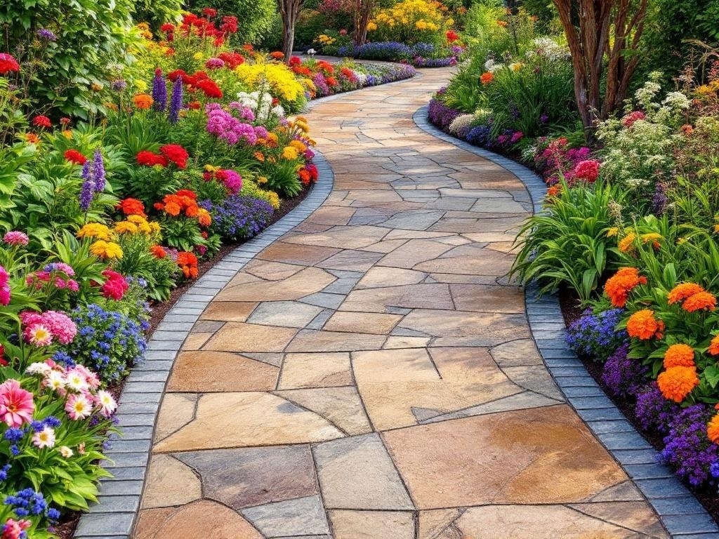 Curved stamped concrete pathway surrounded by colorful flowers in a garden