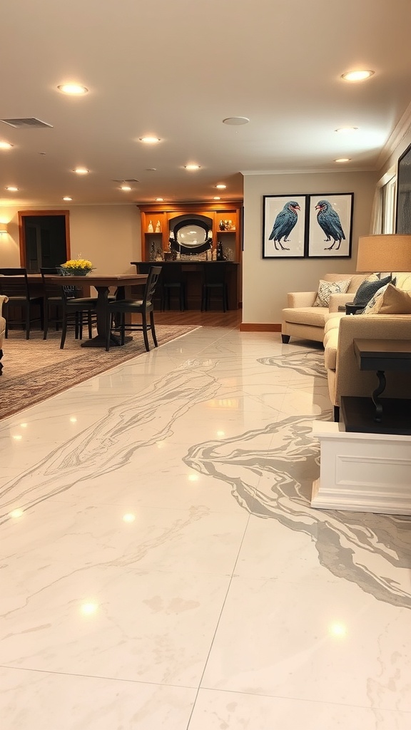 A stylish living room featuring a custom epoxy floor with artistic designs.
