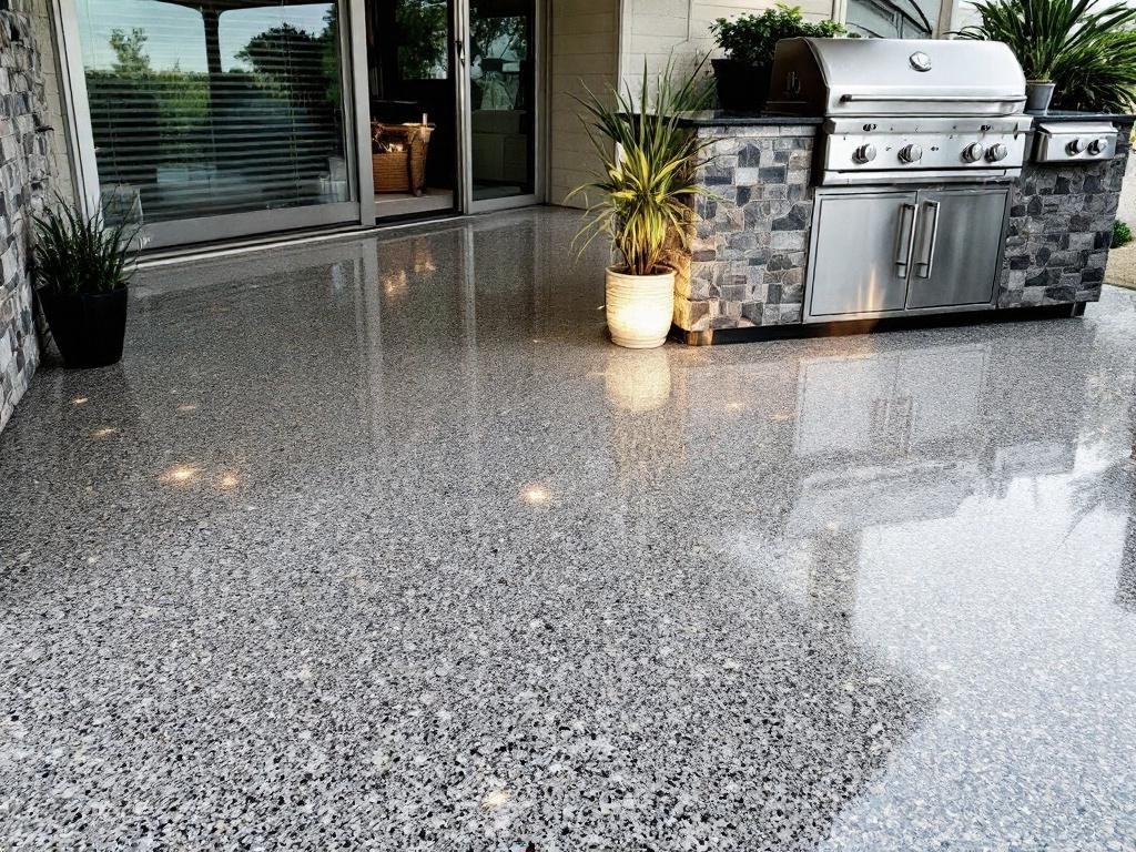 A glossy epoxy floor in an outdoor barbecue station with a grill.