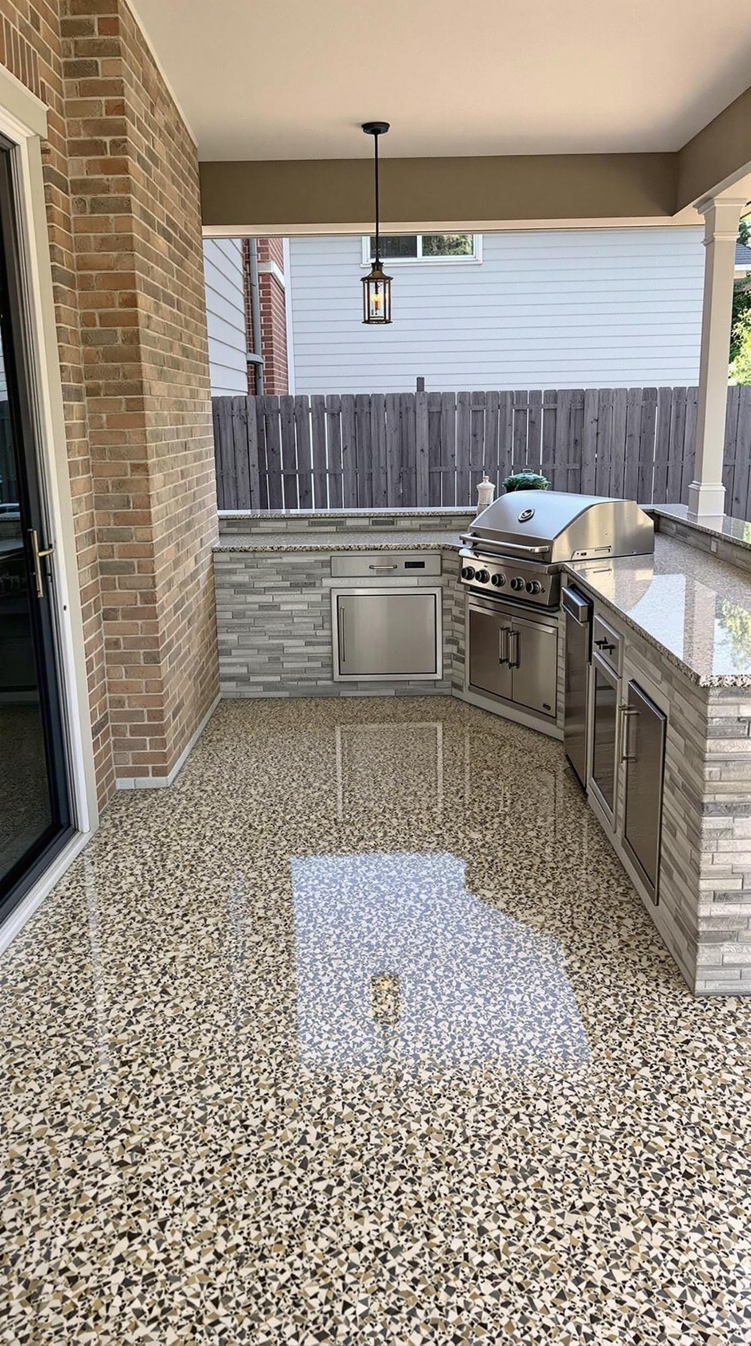 A beautifully designed outdoor kitchen with epoxy flooring, featuring a grill and modern stone countertops.