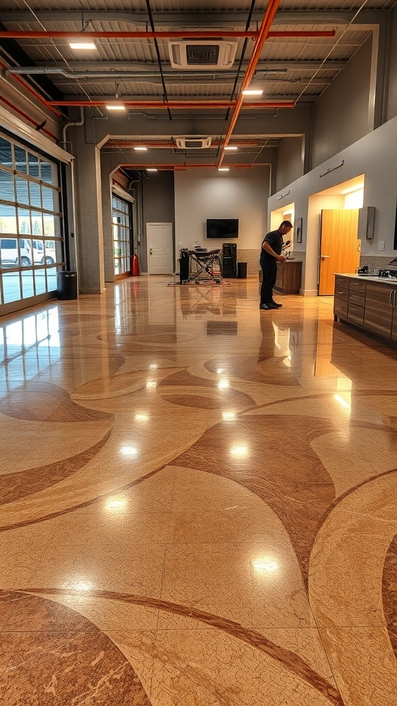 Interior space with shiny brown metallic epoxy floor and modern design elements