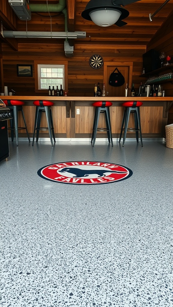 A rustic garage bar with a custom epoxy floor featuring a logo design.