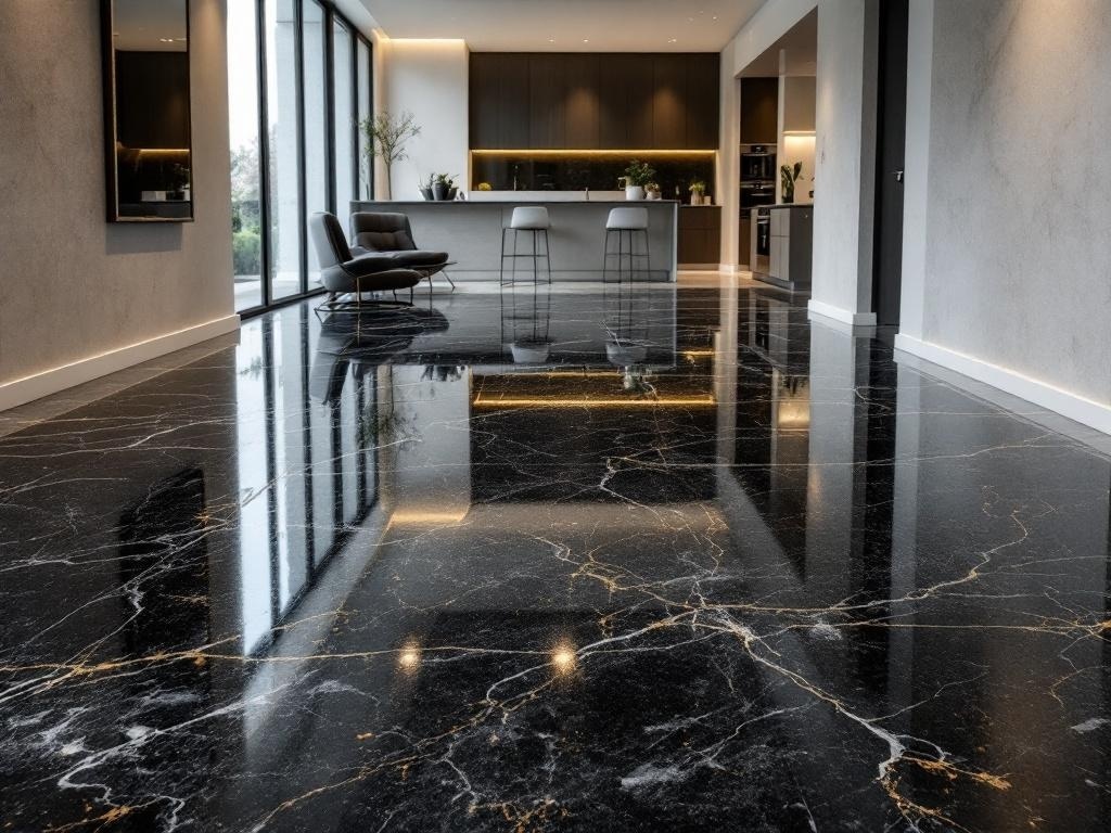 A modern interior with black epoxy flooring featuring gold veining, showcasing a stylish and elegant space.