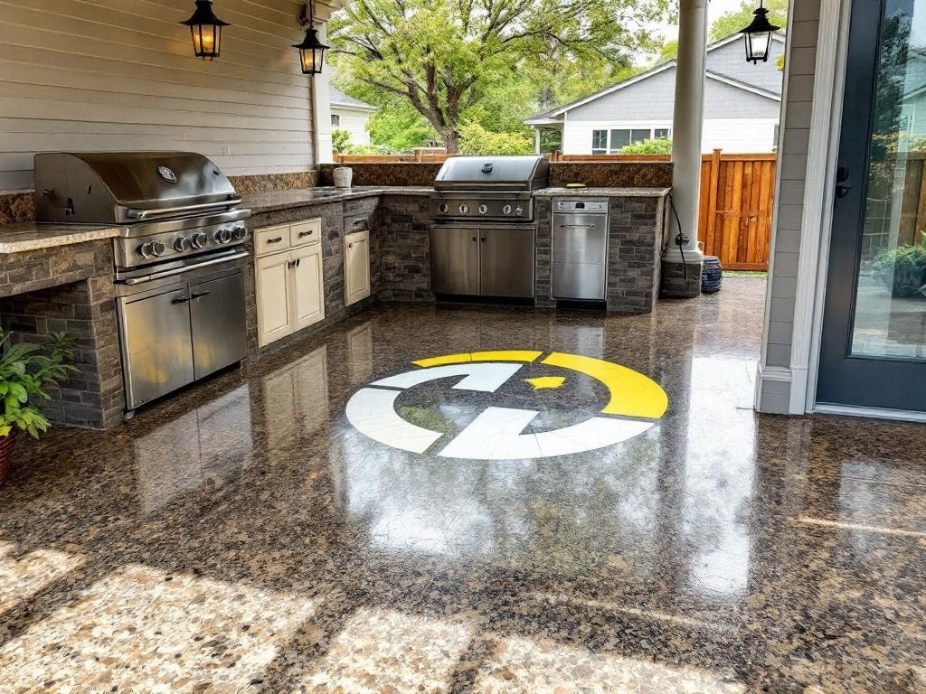 Custom logo design on an epoxy floor in an outdoor barbecue station