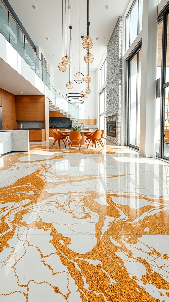 A modern interior featuring a marble epoxy floor with gold accents, showcasing a stylish dining area.