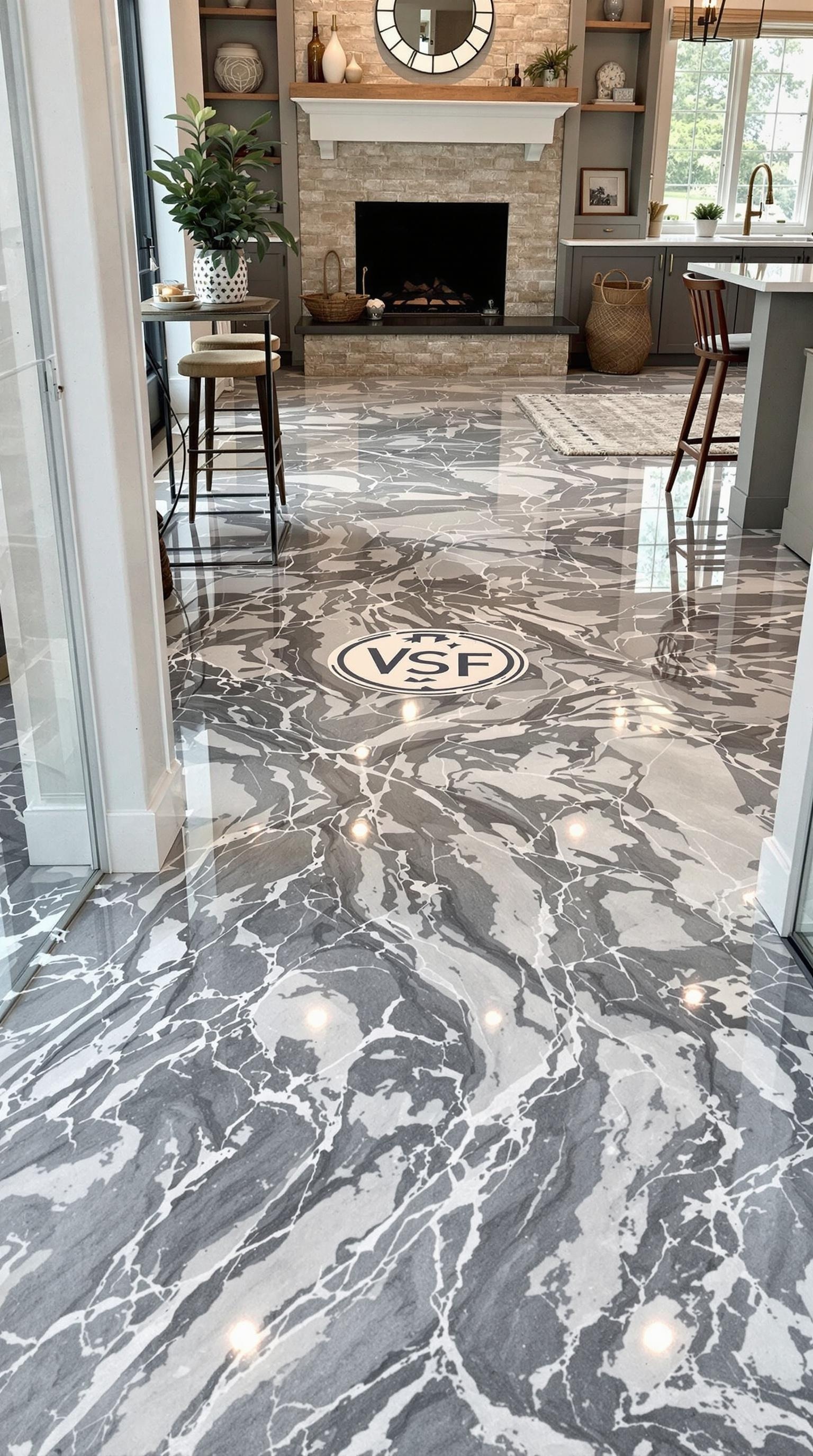 A stylish marble concrete floor with a custom logo design.