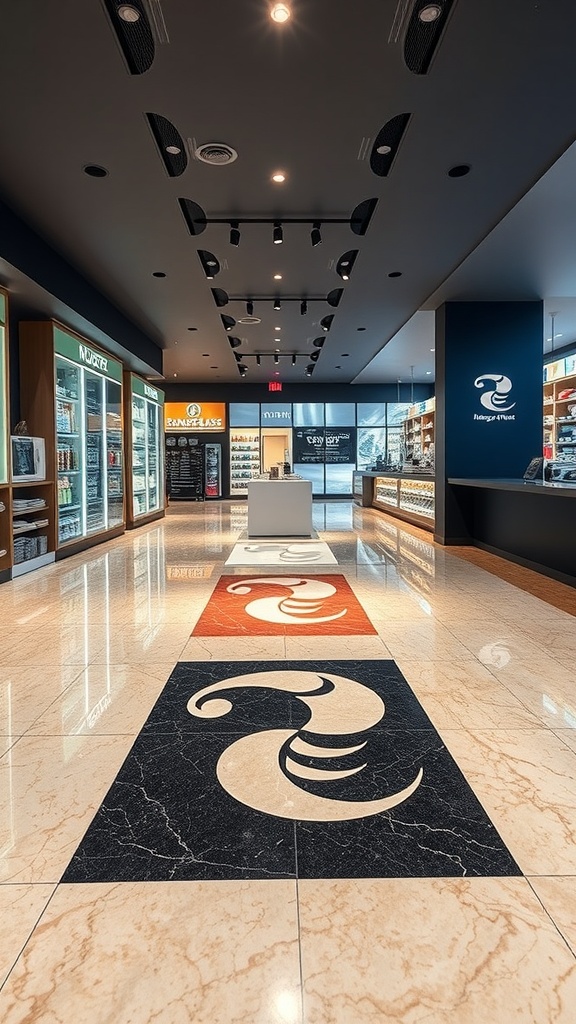A modern interior showcasing a custom logo epoxy floor design with colorful patterns.