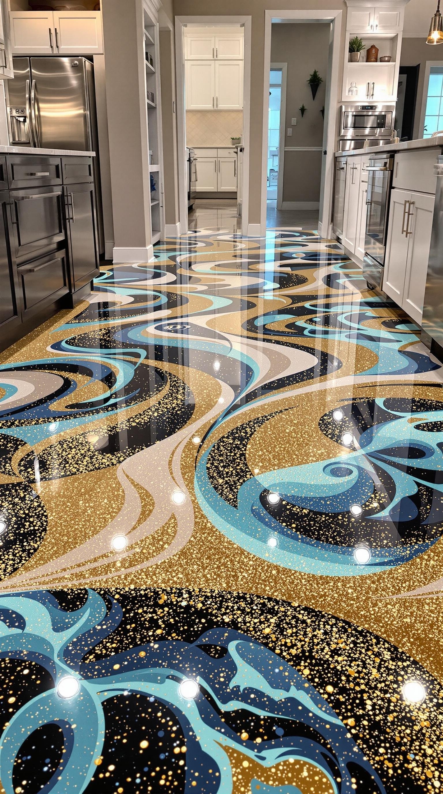 Vibrant custom logo epoxy floor design in a modern kitchen