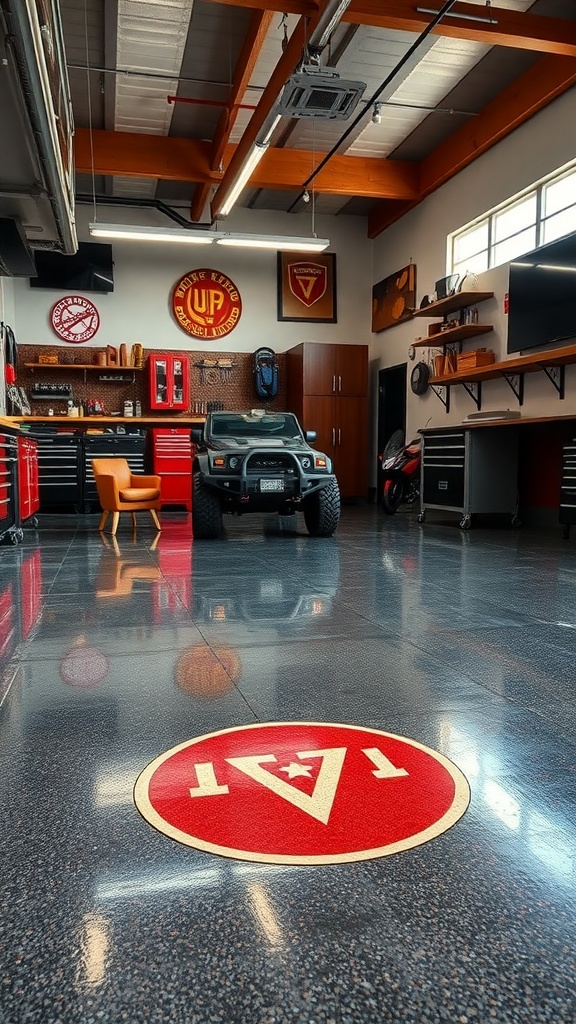 Custom logo epoxy floor in a garage workshop