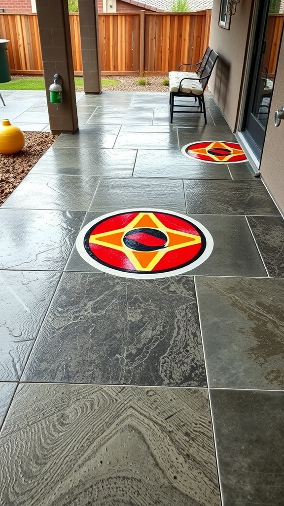 Patio with stamped concrete and custom epoxy logos