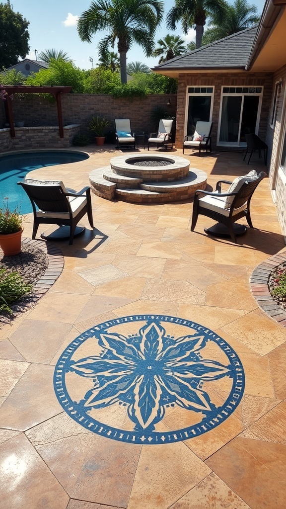 Custom logo epoxy patio with a blue emblem and textured background, featuring seating and a fire pit.