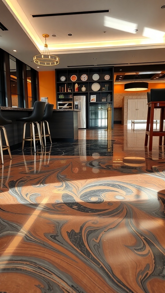 A luxurious copper metallic epoxy floor in a modern interior, showcasing intricate patterns and a stylish design.