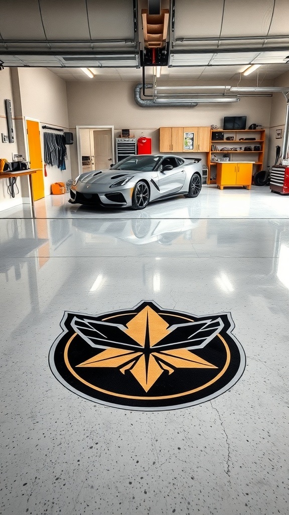 A modern garage with a silver car and a custom logo on the epoxy floor.