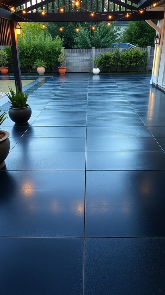 A sleek black epoxy concrete patio with polished finish, surrounded by greenery and decorative pots.