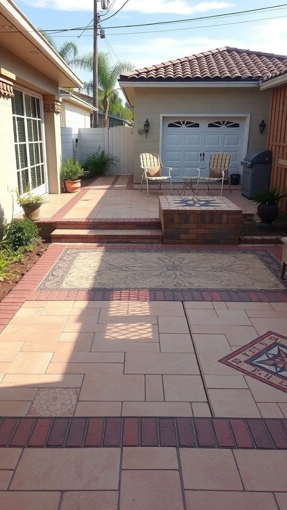 A patio featuring custom stamped concrete borders with various patterns and colors.