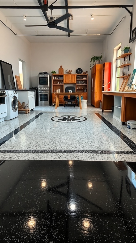 Custom stenciled epoxy floor design in a modern kitchen space