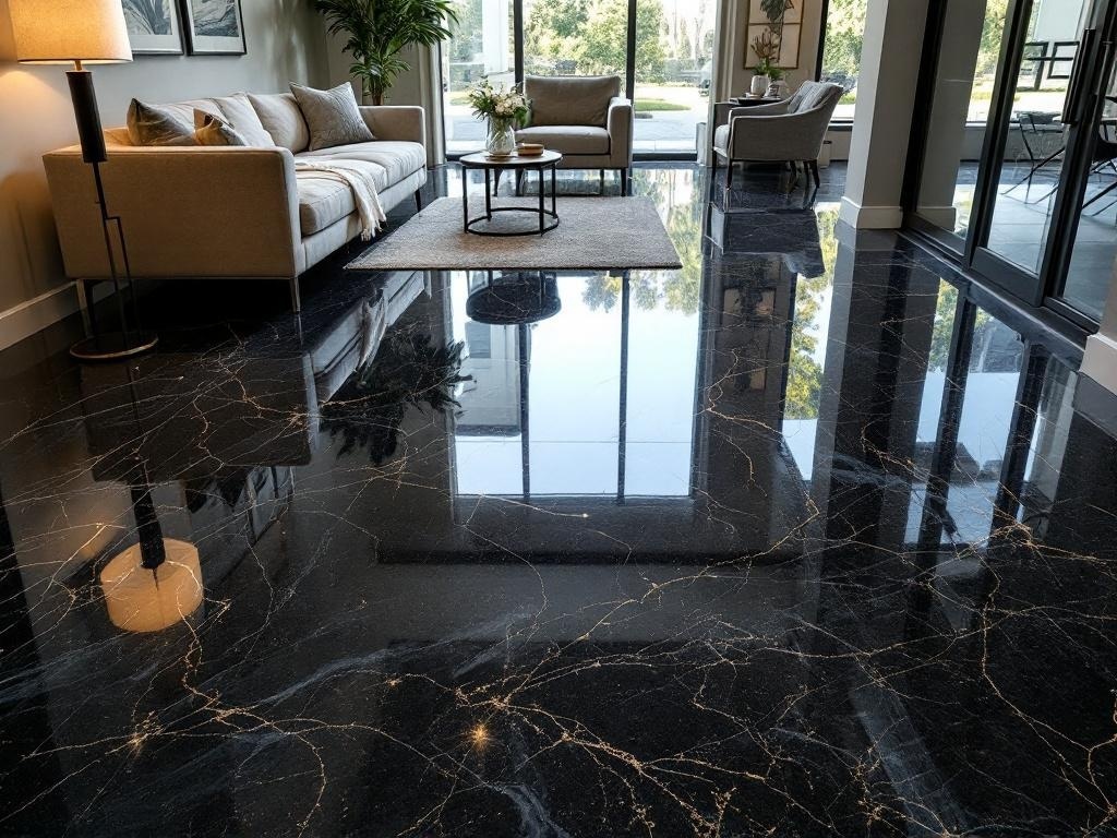 A modern living space featuring a glossy black nightfall epoxy floor with golden swirls, showcasing a stylish and elegant interior.