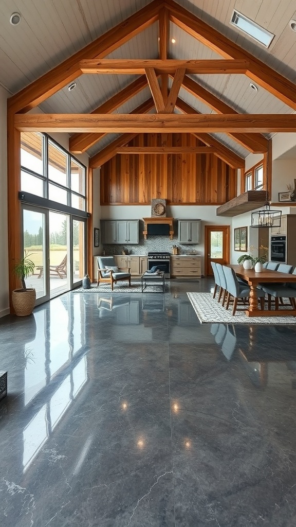 Interior of a barndominium featuring polished epoxy flooring and timber frame architecture.