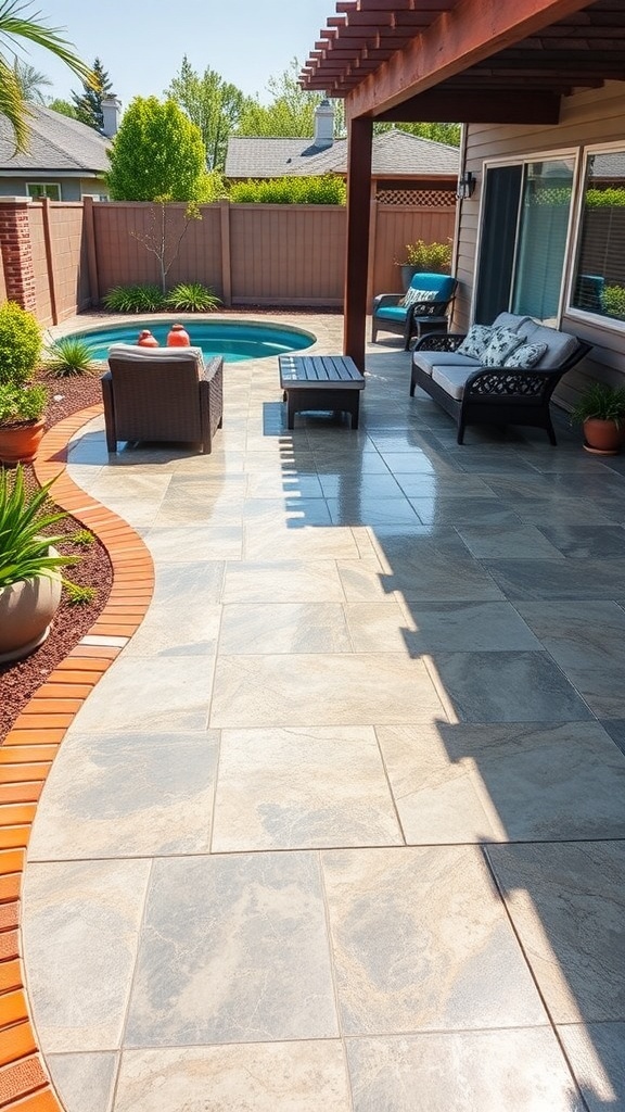 A modern patio featuring epoxy flooring, a pool, and comfortable seating.