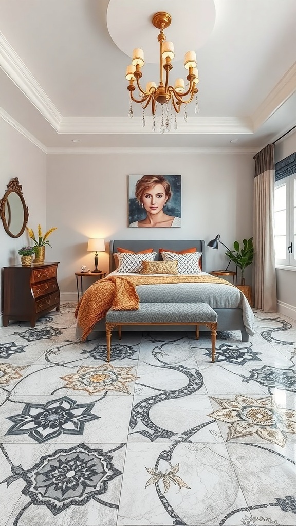 Interior space featuring a chevron-patterned epoxy wood floor with a modern design.