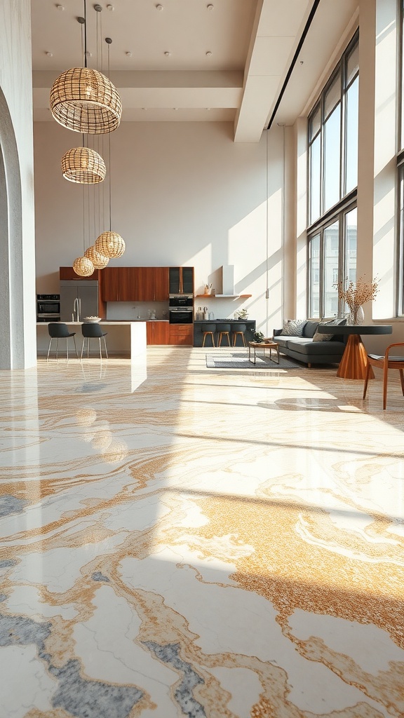 A spacious modern interior featuring a marble epoxy floor with gold accents, large windows, and stylish furniture.