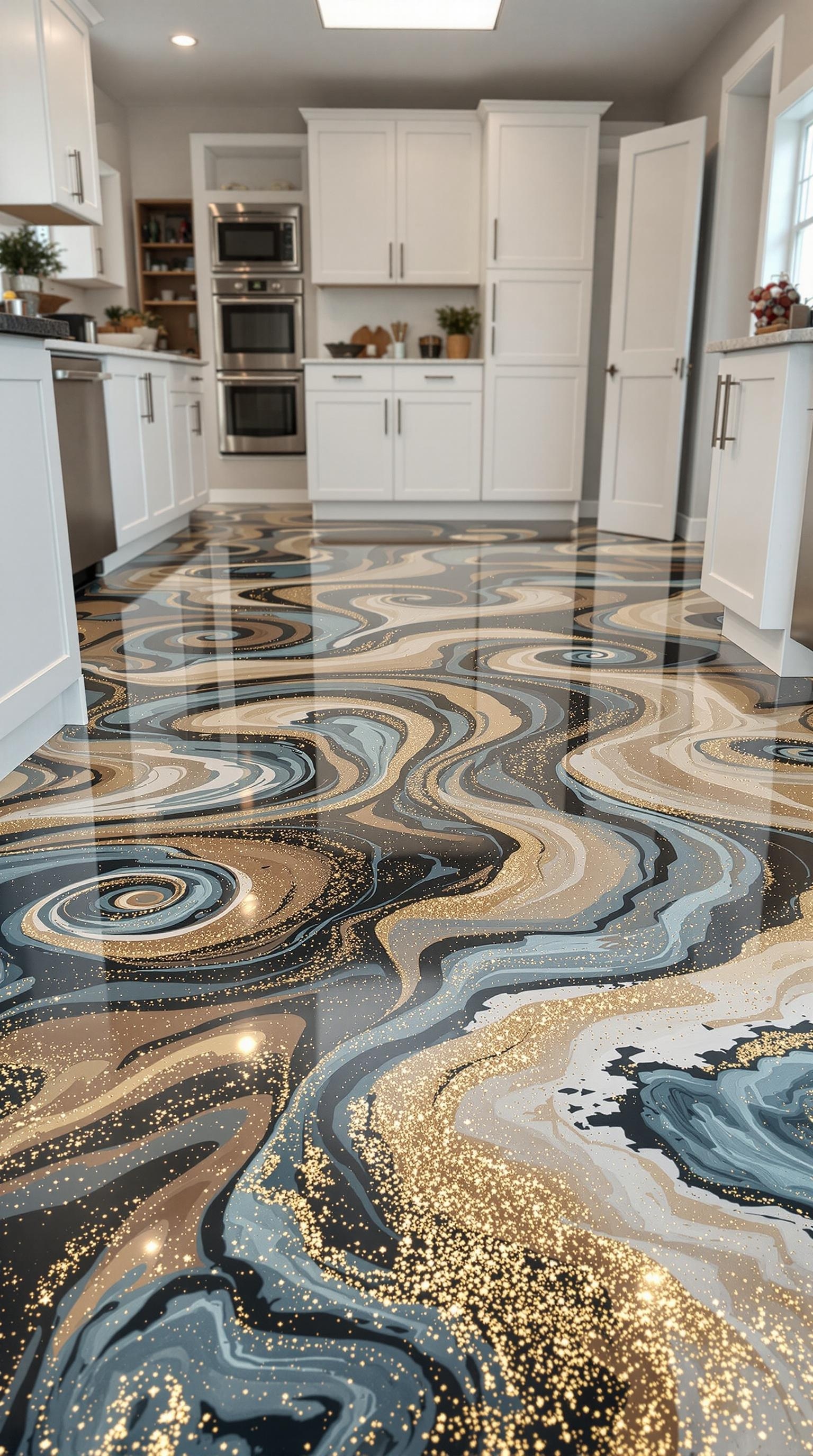 A beautifully designed kitchen with glitter epoxy flooring, showcasing swirls of blue, gold, and black.