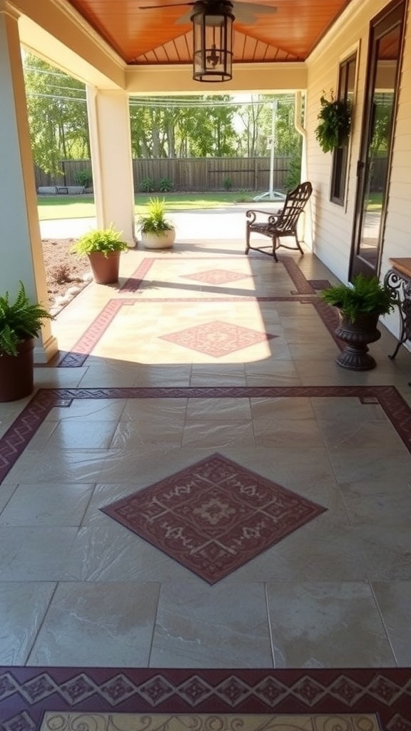 A porch with stamped concrete featuring decorative borders and potted plants.