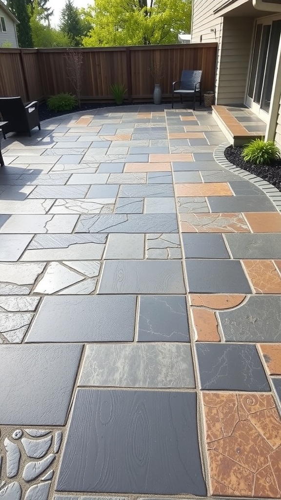 A dark gray stamped concrete patio with seating and a cost breakdown for stamped concrete finishes.