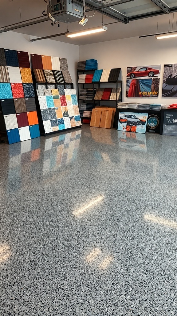 Color and design options for epoxy flooring displayed in a garage