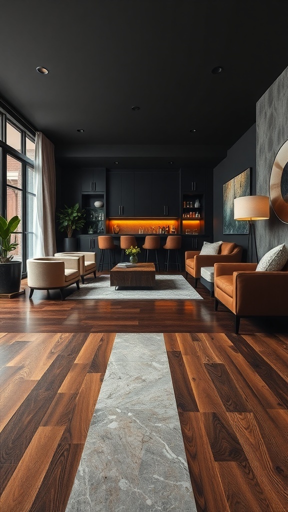 A modern living room with dark wood-look epoxy flooring, featuring a stylish bar area and contemporary furniture.