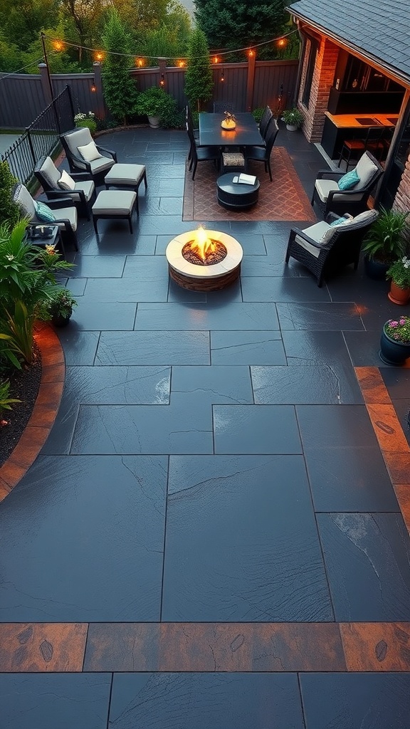 A dark gray stamped concrete patio with a contrasting brown border, featuring a fire pit and seating area.