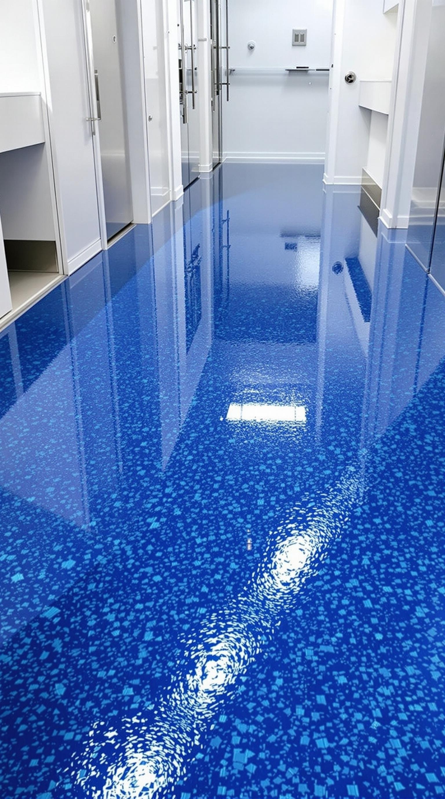 A hallway featuring a deep sea blue epoxy floor with white shell accents.
