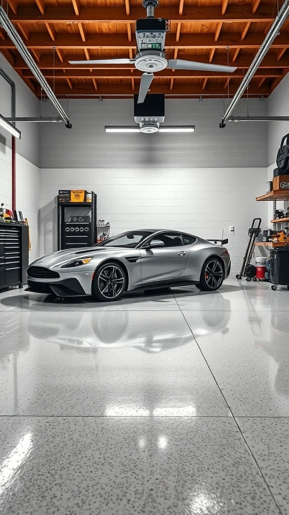 A modern garage featuring a sleek silver car on a glossy epoxy floor, showcasing a well-organized workspace.