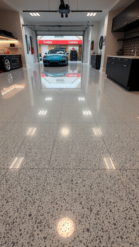 A modern garage with a glossy epoxy floor, showcasing a luxury car and bright lighting.