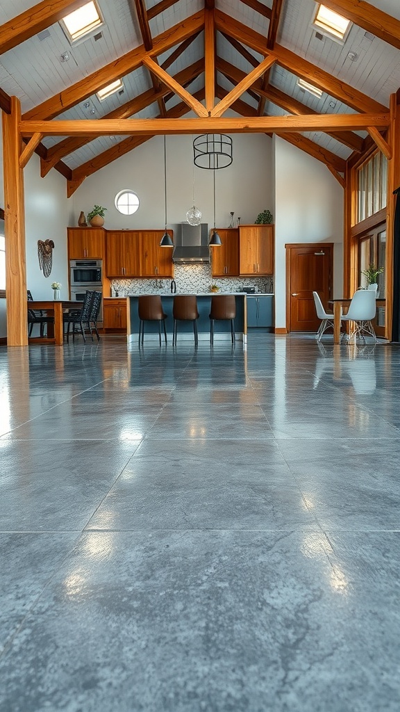 Interior of a modern barndominium featuring epoxy flooring and timber beams.