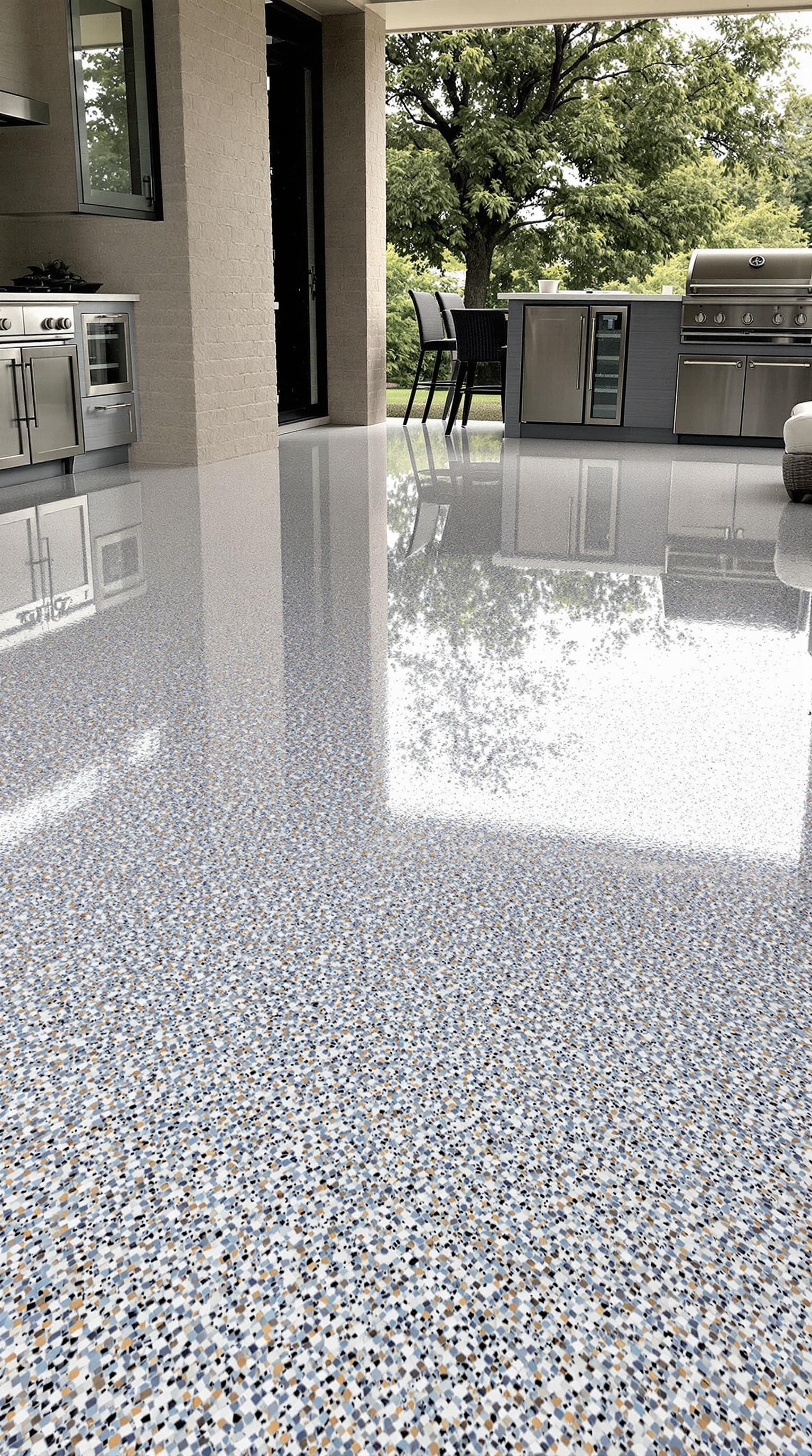 A beautifully finished epoxy floor in an outdoor kitchen, showcasing a sleek and modern design.