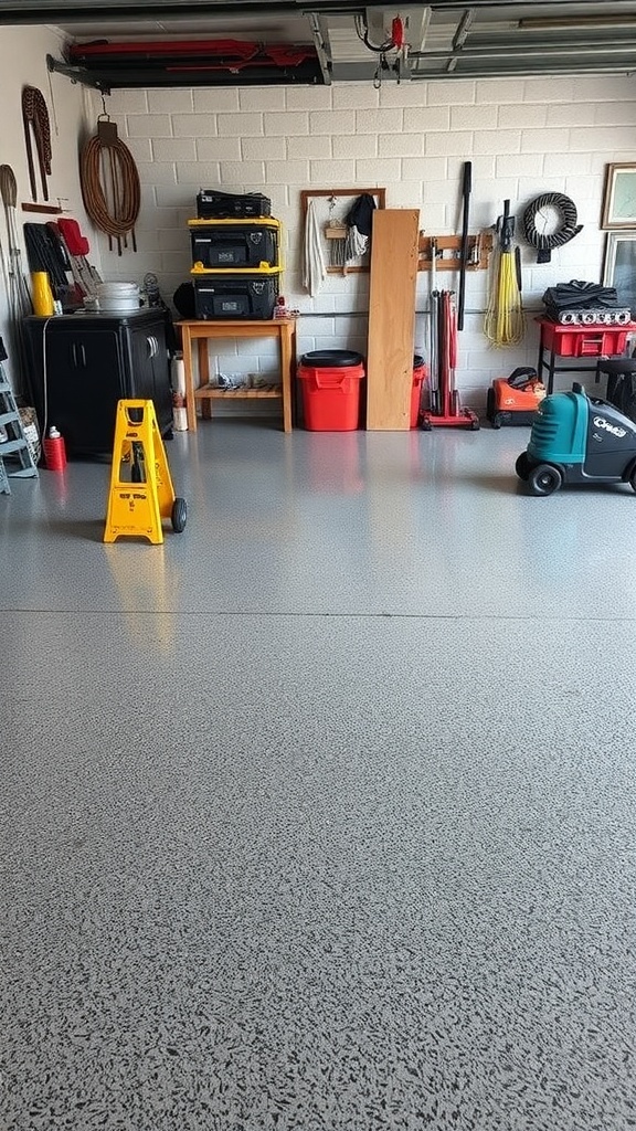 A modern garage featuring a glossy epoxy floor, a red sports car, and organized tools.