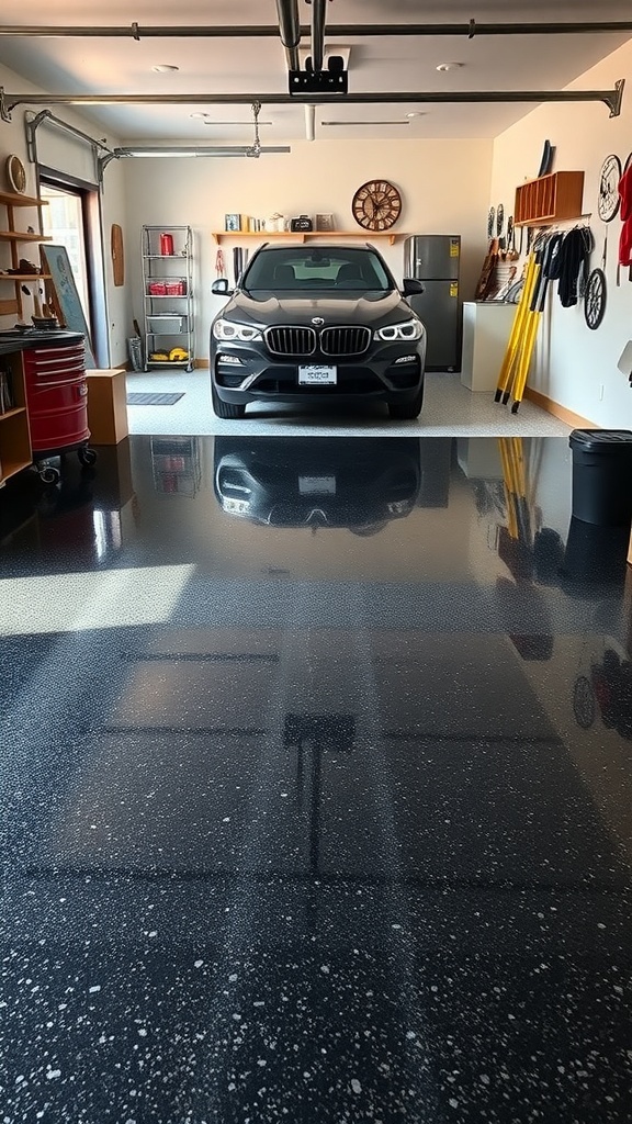 A modern garage with a shiny black epoxy floor and a parked car.