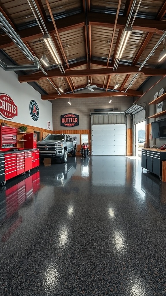 A spacious garage workshop with a high-gloss epoxy floor, featuring a truck and tool storage.
