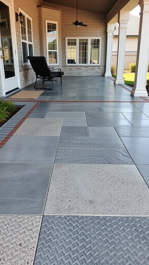 A stylish concrete porch featuring various stamped concrete patterns and a sleek epoxy finish.