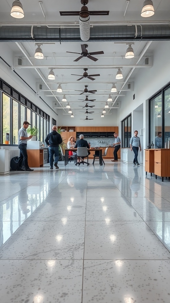 A spacious interior featuring a shiny epoxy floor, with people engaged in various activities.
