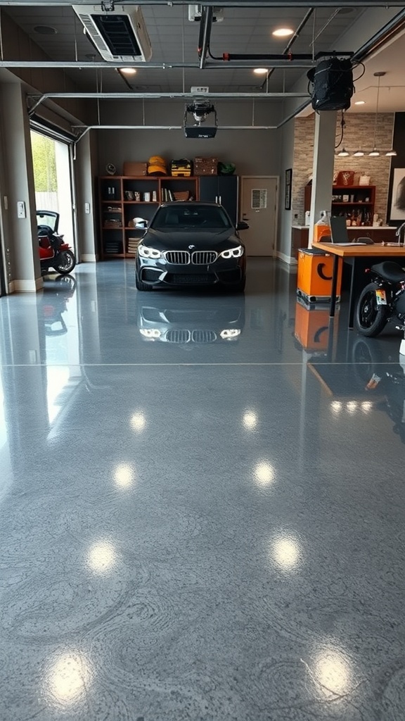 A sleek metallic epoxy floor in a modern garage with a black car and stylish decor.