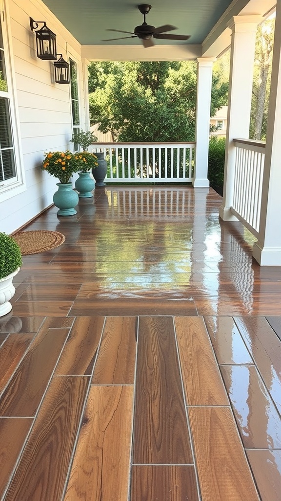 A modern porch with glossy epoxy flooring that resembles wood, featuring decorative plants and a ceiling fan.